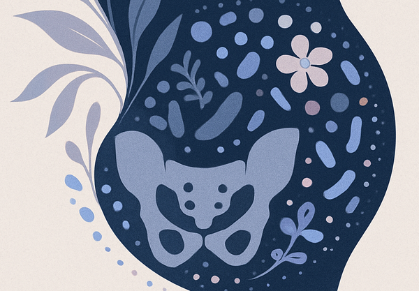 Écosystème du microbiote vaginal : silhouette féminine, motifs microbiens et floraux, ambiance bien-être et équilibre.